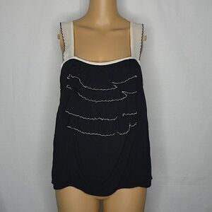 MINKPINK Ruffle Tank Top Cami Tiered Layer Black Sleeveless Ivory Trim Contrast